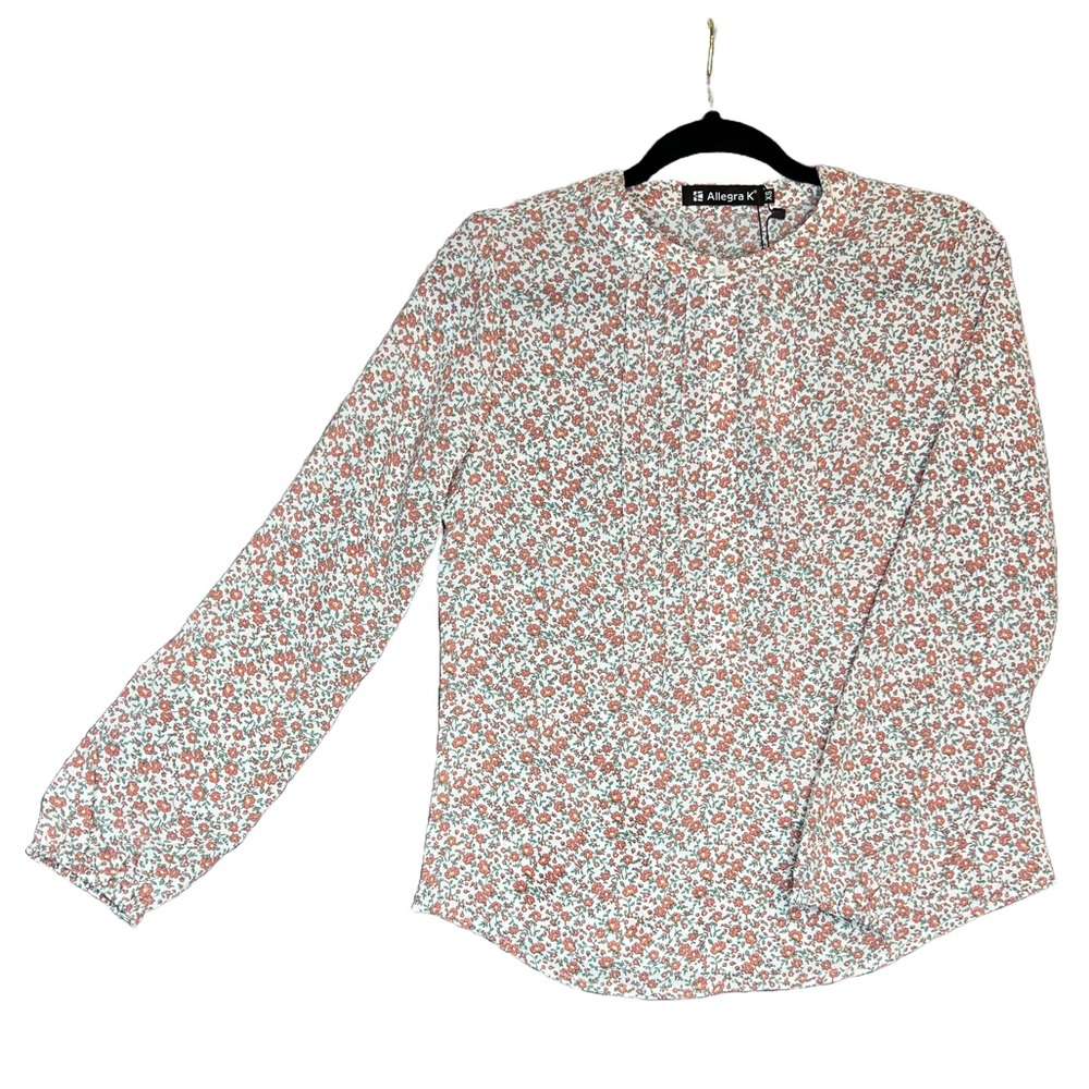 NWT Allegra K Pleated Front Half Placket Long Sleeve Floral Peasant Blouse